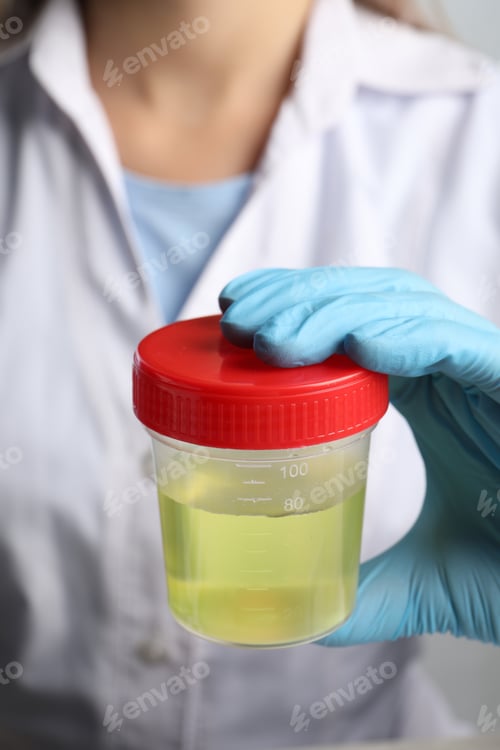 Preview: Doctor holding container with urine sample for analysis, closeup