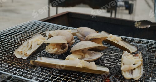 Vorschau: Frische Kurzhalsmuschel und Rasiermuschel am Grillnetz