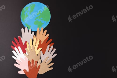 Preview: Paper cut out of multi coloured hands and globe with copy space on black background