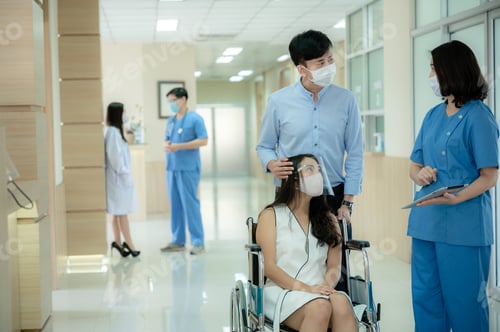 Preview: doctor at clinic provides a patient with professional advice and treatment, while insurance supports
