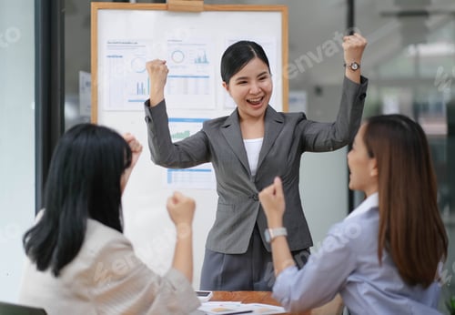 Preview: Group of Young Asian business team creative businesspeople coworker in office Happy to be successful