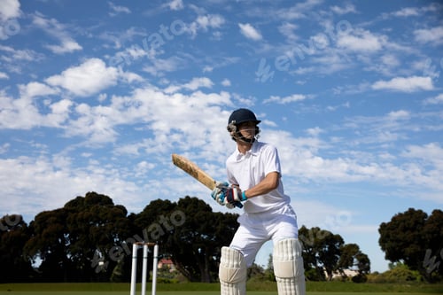 Preview: Adult male cricketer wearing helmet standing on green cricket field holding wooden bat, copy space