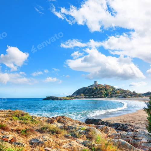 Preview: Astonishing View of beautiful Chia bay and wonderful beach with Torre di Chia tower.