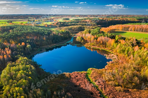 Preview: Small lake and forest in autumn, aerial view of Poland