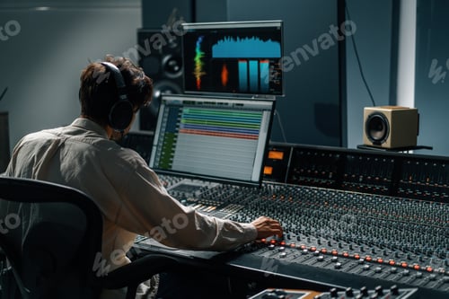 Preview: Sound engineer working in music studio with monitors and equalizer on screen mastering tracks