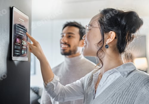 Preview: Smart home technology, wall system and couple with digital dashboard for air conditioning, safety s