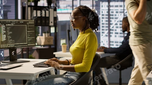 Preview: Manager coming to check on IT employee at office desk testing code