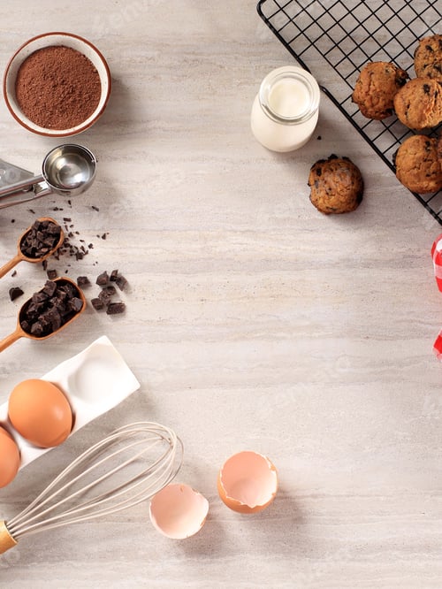 Preview: Top View Various Ingredients for Baking Preparation on Brown Marble Table