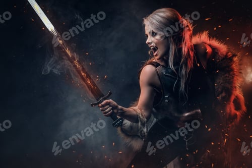 Preview: Fantasy woman warrior wearing cuirass and fur, holding a sword scabbard ready for a battle