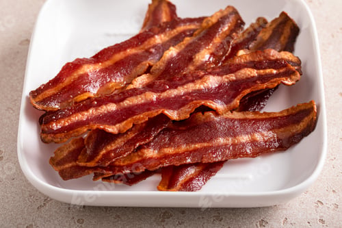 Preview: Turkey bacon cooked on a white plate iron pan