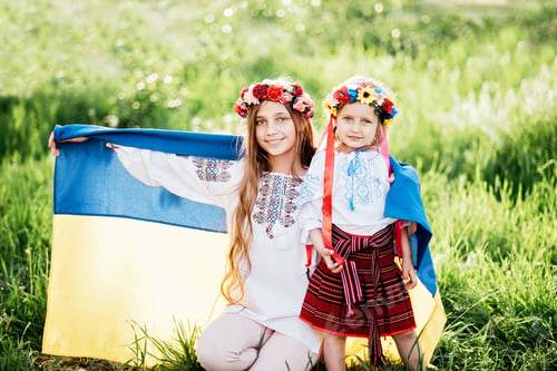 Preview: Ukrainian child girl in embroidered shirt vyshyvanka with yellow and blue flag of Ukraine in field