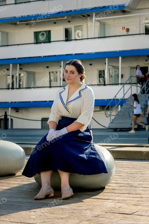 Preview: A girl stands with a suitcase in her hands on the embankment of the river station, port.