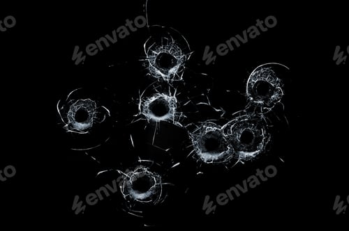 Preview: Broken glass multiple bullet holes in glass isolated on black