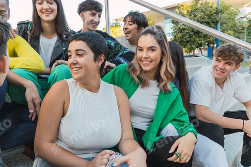 Preview: Smiling group of friends sitting on stairs
