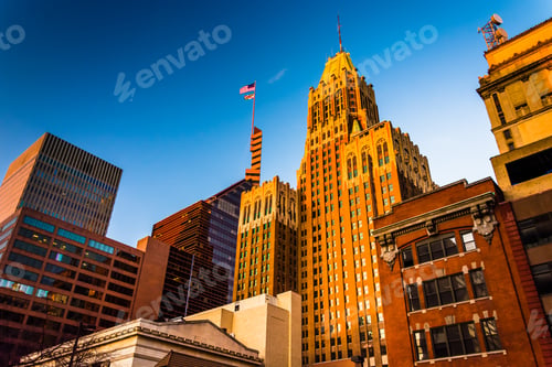 Preview: Evening Light On A Cluster Of Buildings In Downtown Baltimore, Maryland.