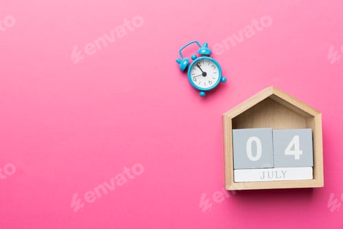 Preview: 4th of July calendar. Independence day reminder concept. Wooden calendar with 4th july