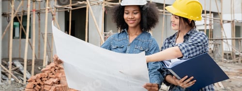 Preview: The engineer manager and the female foreman are standing on the building site.