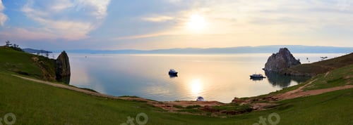 Preview: Sunset on Lake Baikal, Olkhon Island in summer. Panoramic view of the Khuzhir Ba