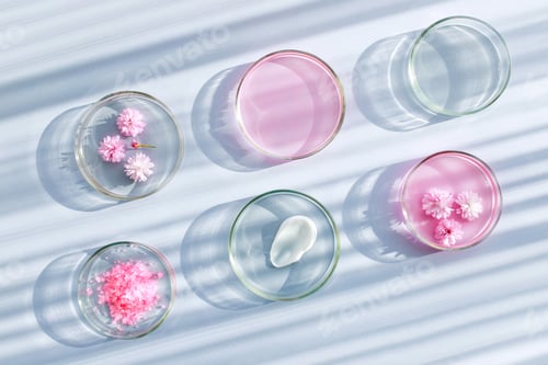 Preview: petri dish pattern with cosmetic samples on a light background