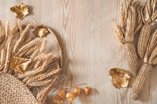 Preview: Golden corn and wheat with autumn leaves in sunny light