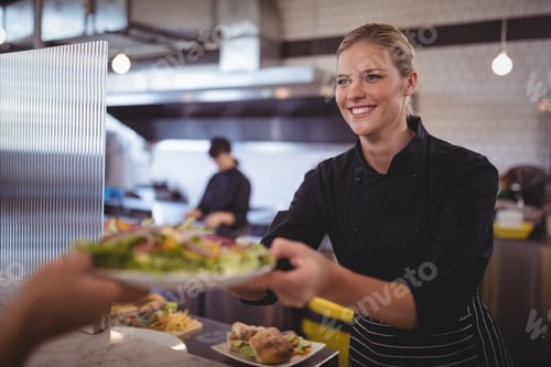 Preview: Attractive young female chef giving fresh Greek salad to waiter