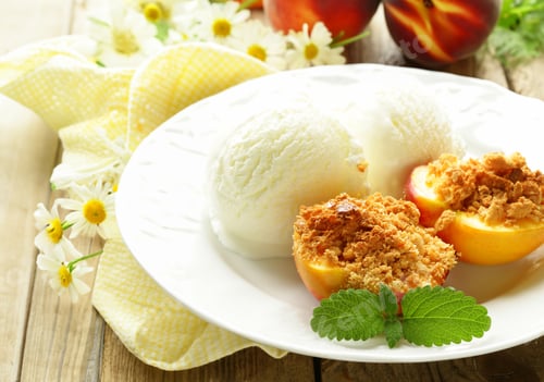 Preview: dessert baked peaches with nuts and ice cream
