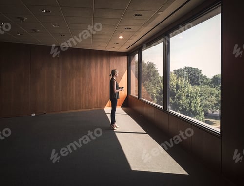 Preview: Woman Standing in Empty Office Room at Window