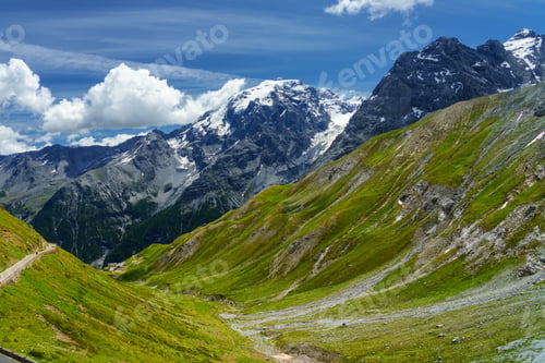 Preview: Mountain landscape along the road to Stelvio pass at summer