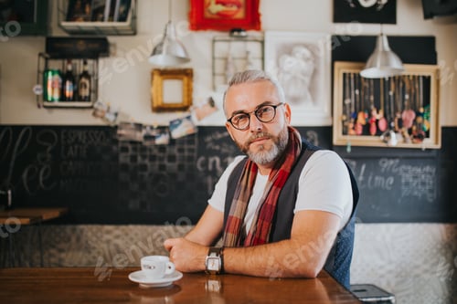 Preview: Elegant male artist giving an interview in an atmospheric cafe