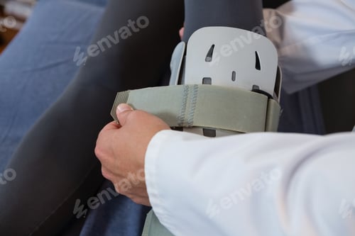 Preview: Physiotherapist tying leg pad