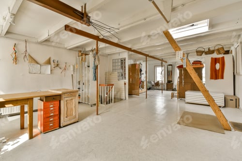 Preview: a large room with a large table and wooden beams