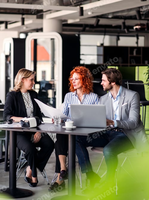 Preview: A group of young business people with laptop sitting in an office, talking