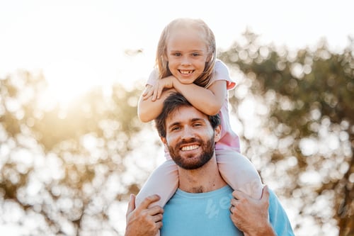 Preview: Nature, happy and portrait of father with child in an outdoor park playing, bonding and having fun.