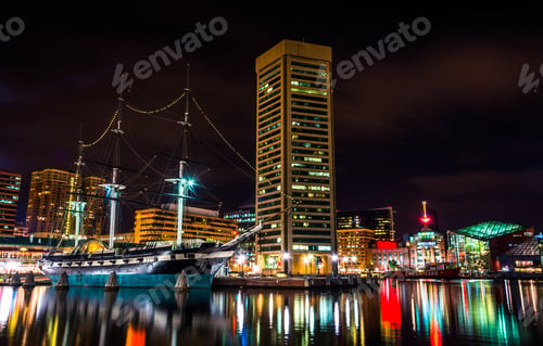 Preview: The Uss Constellation And World Trade Center At Night, In The Inner Harbor Of Baltimore, Maryland.