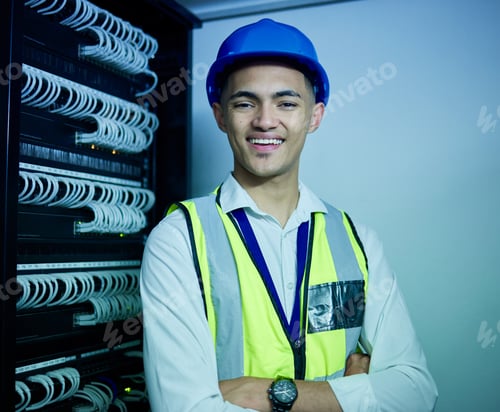 Preview: Engineering, portrait and man with smile in server room for network maintenance, software upgrade a