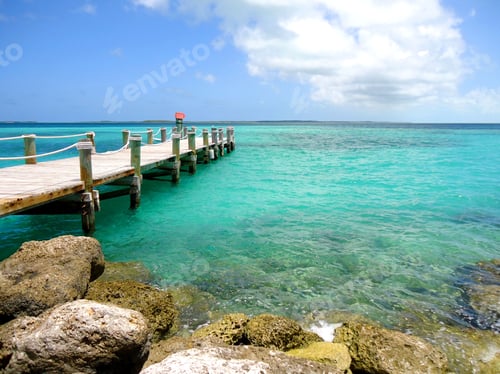 Preview: Pier into the turquoise waters of an island Paradise in the Bahamas, Caribbean Sea