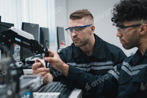 Preview: Student engineer Assembling Robotic Arm with computer in Technology Workshop.