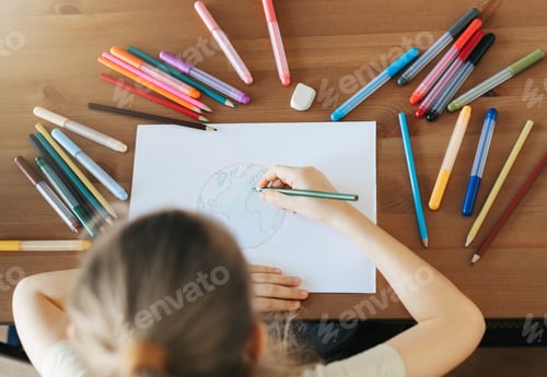 Preview: Child girl drawing with colorful pencils