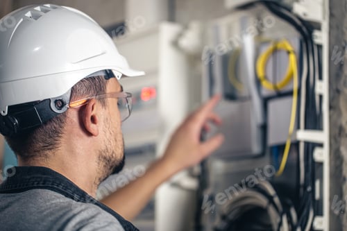 Preview: Man, an electrical technician working in a switchboard with fuses.