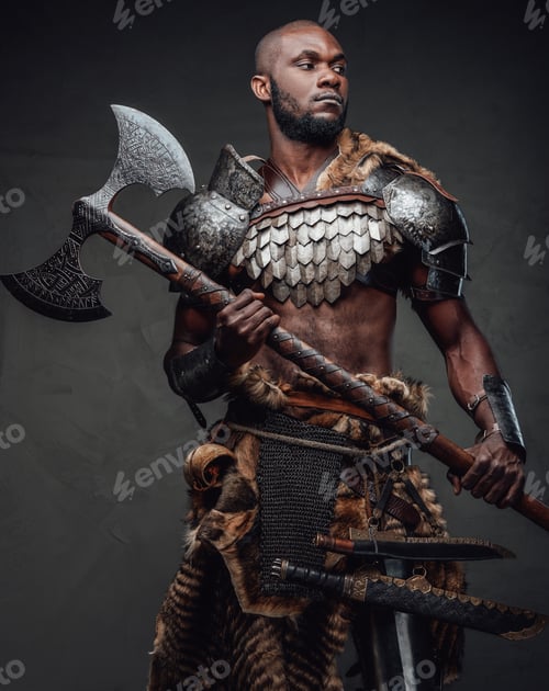 Preview: Wild african soldier wielding an axe and posing in dark background