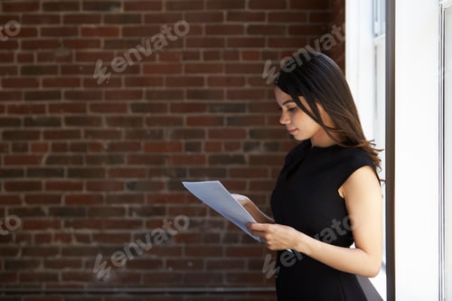 Preview: Businesswoman Reading Document Standing By Office Window