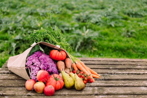 Preview: burlap bag filled with vegetables and fruits