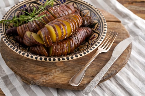 Preview: Sweet potato - sweet potato tubers cooked in a pan. Fried and baked with spices and salt. Cut into