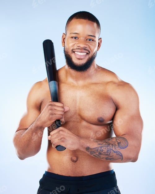Preview: Baseball player, black man and studio portrait with smile, shirtless and happy for sports by blue b