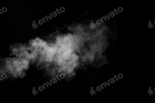 Preview: Swirling, wriggling smoke, steam on a black background for overlaying. Fragment of horizontal steam.
