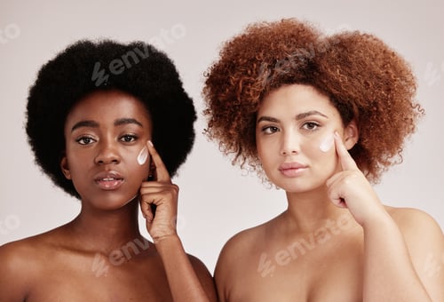 Preview: Women, skincare cream and portrait of girl friends using sunscreen, lotion product and dermatology.