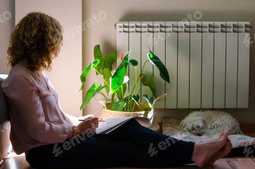 Preview: Female working late at night with her dog sleeping next to her