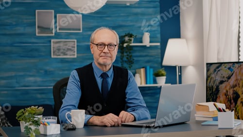 Preview: Elderly businessman entrepreneur sitting in workspace looking at camera