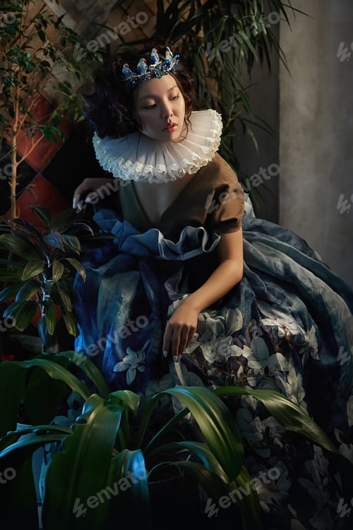 Preview: Art portrait of a girl Princess Queen in foliage and greenery, fabulous romantic image of an Asian