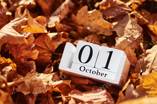 Preview: Wooden calendar block with date 1 october on a falling autumn leaves background